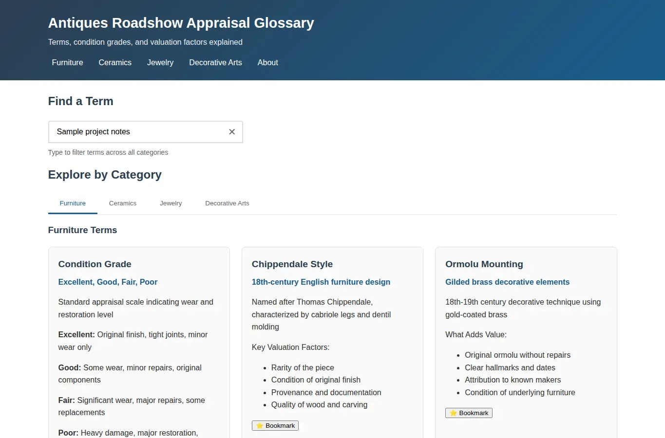 Screenshot of Antiques Roadshow Appraisal Glossary interface showing the project page in use